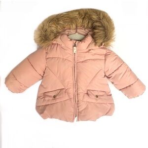 Zara Down Puffer Faux Fur Pink Baby Girl Jacket 3-6 Mos